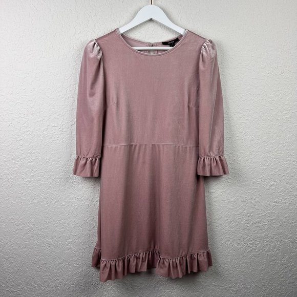 NWT FOREVER 21 Womens L Blush Pink Ruffle Hem 3/4 Sleeve Button Back Dress - Picture 3 of 12